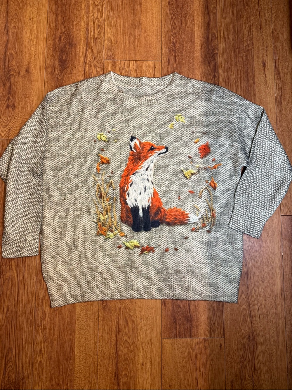 Embroidered Fox Crewneck Sweater in Grey